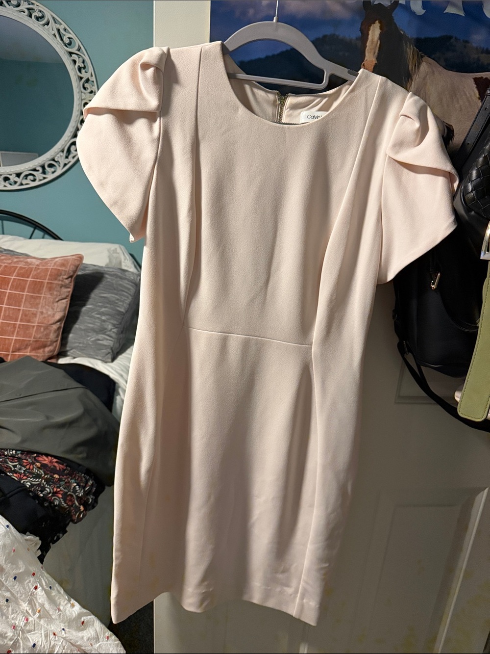 Calvin Klein Light Blush Pink Puff-Sleeve Sheath Dress